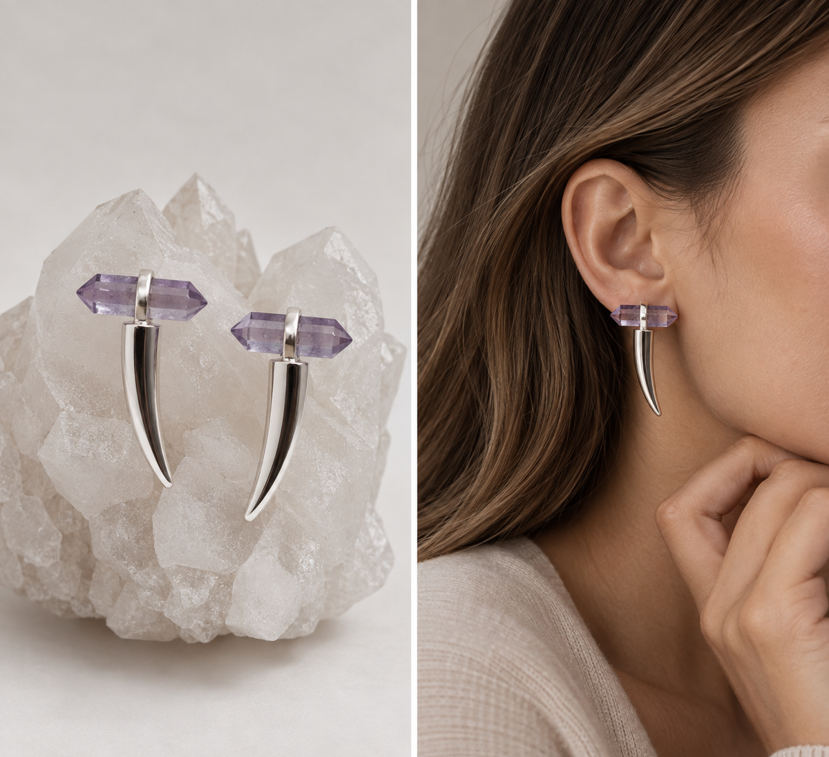 Split image showing a pair of silver-toned stud earrings with faceted purple crystal tops, displayed on a white crystal cluster on the left, and worn on a model's ear on the right.