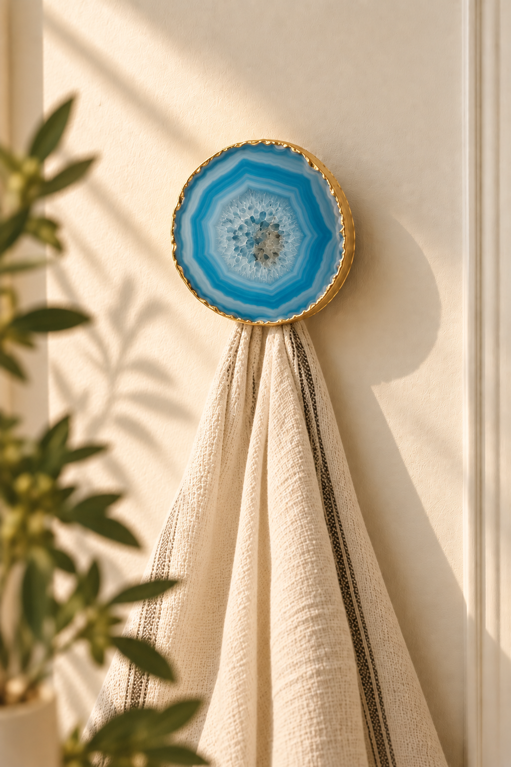 Blue natural agate wall hook with gold edge holding a linen towel