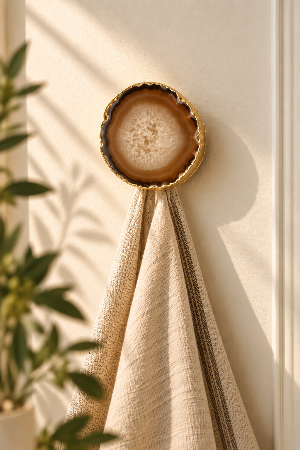 Brown natural agate wall hook with gold edge holding a linen towel