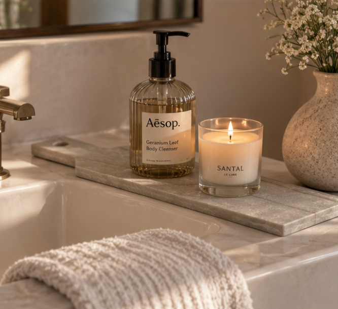 Aesop Geranium Leaf Body Cleaner in a ribbed amber bottle with a black pump, styled on a marble tray next to a lit Santal candle on a bathroom counter.