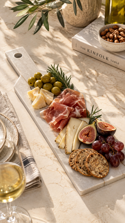 Diamond Quartzite skinny tray styled as a charcuterie board with cheese, prosciutto, fruit and olives