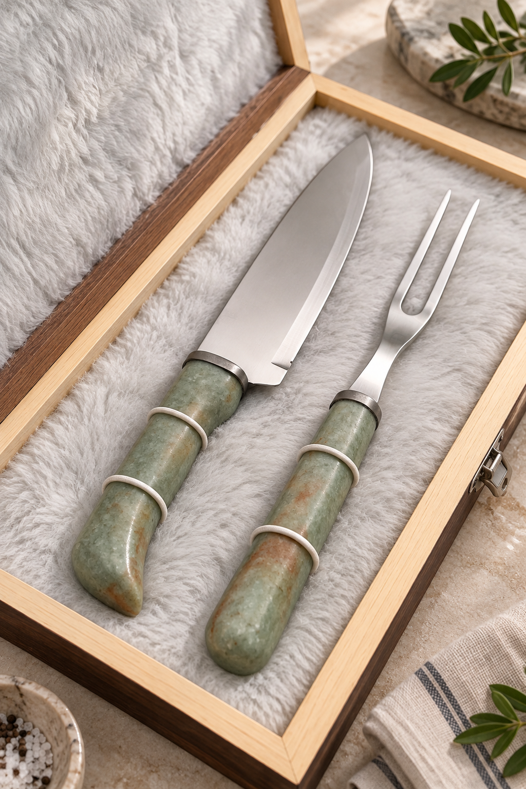 Green Gaya quartzite BBQ carving knife and fork set in wooden presentation box
