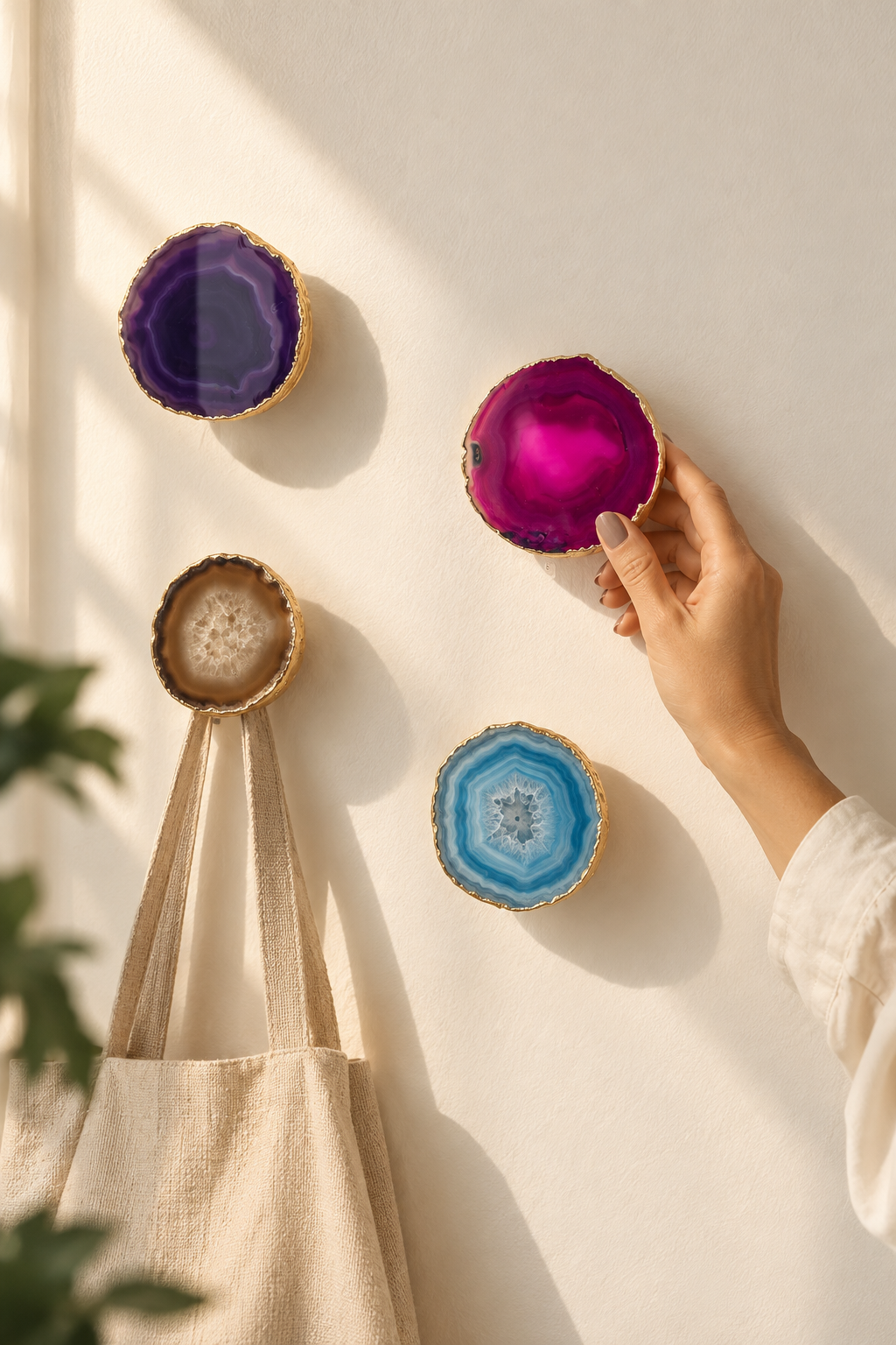 Natural agate wall hooks with gold edges displayed on a wall