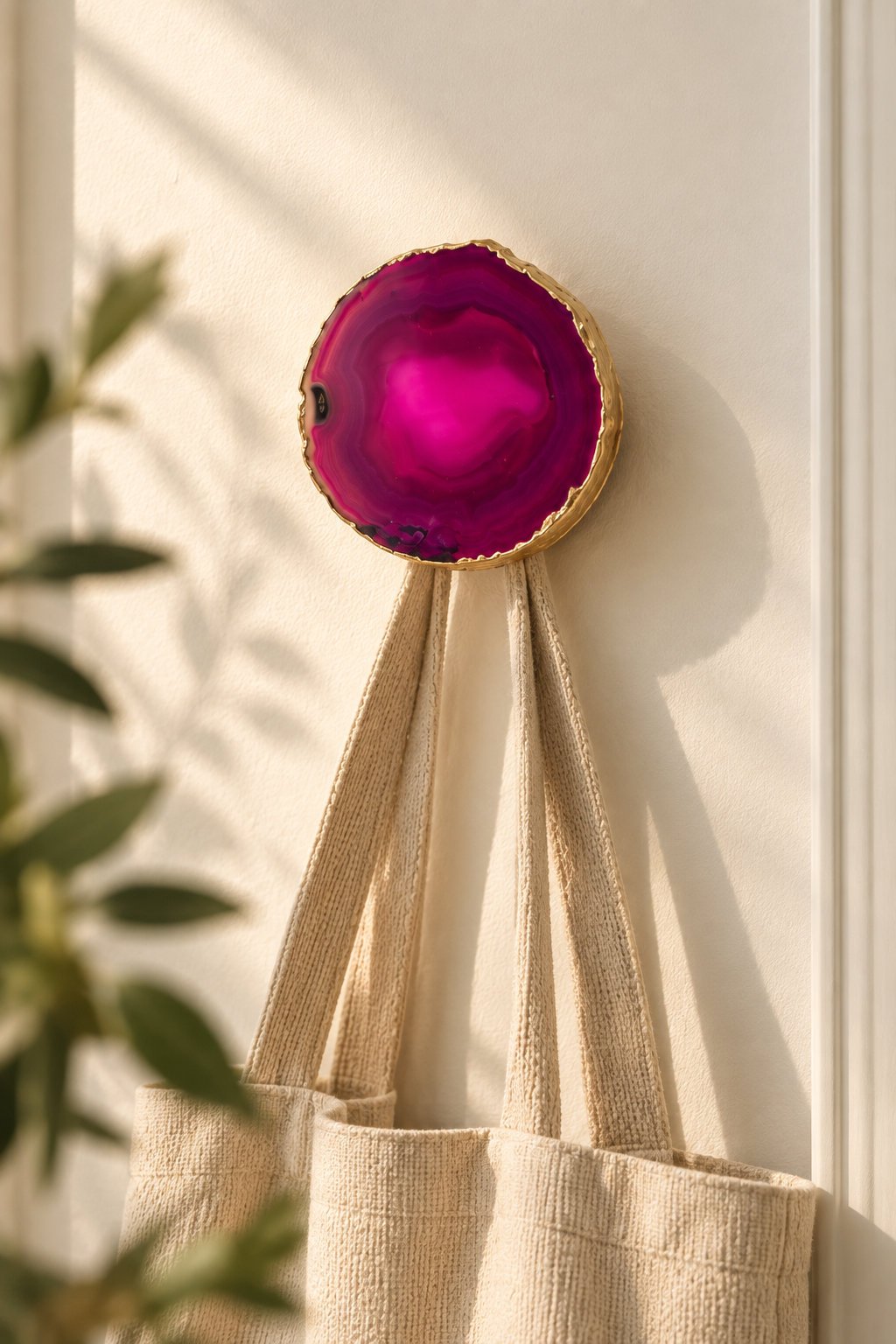 Pink natural agate wall hook with gold edge holding a canvas tote bag