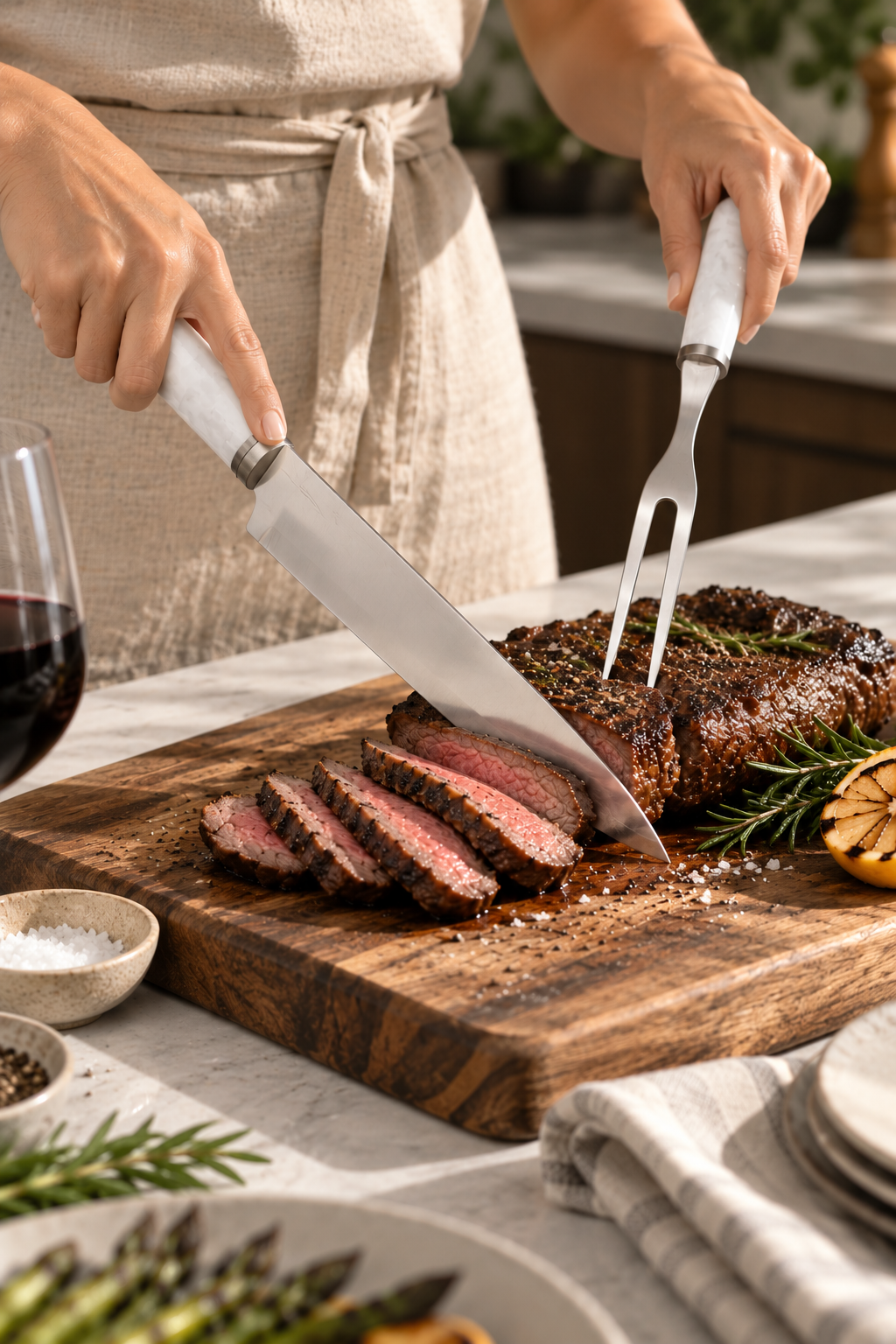 White marble BBQ carving knife and fork set slicing steak