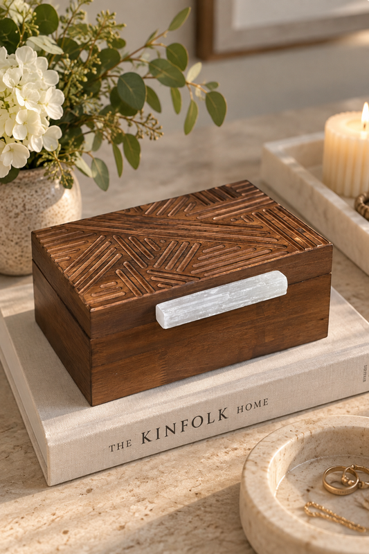 A rectangular dark brown wooden keepsake box with an engraved geometric pattern on the lid and a white stone handle, displayed on a book in a styled home setting.